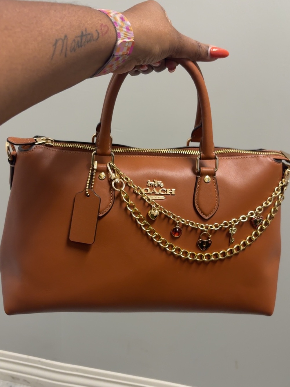 Coach Tan Leather Satchel with Gold Chain Charm